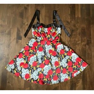 Women's Halter Swing Dress Size XXL with Skull and Roses Print by Dress Tells